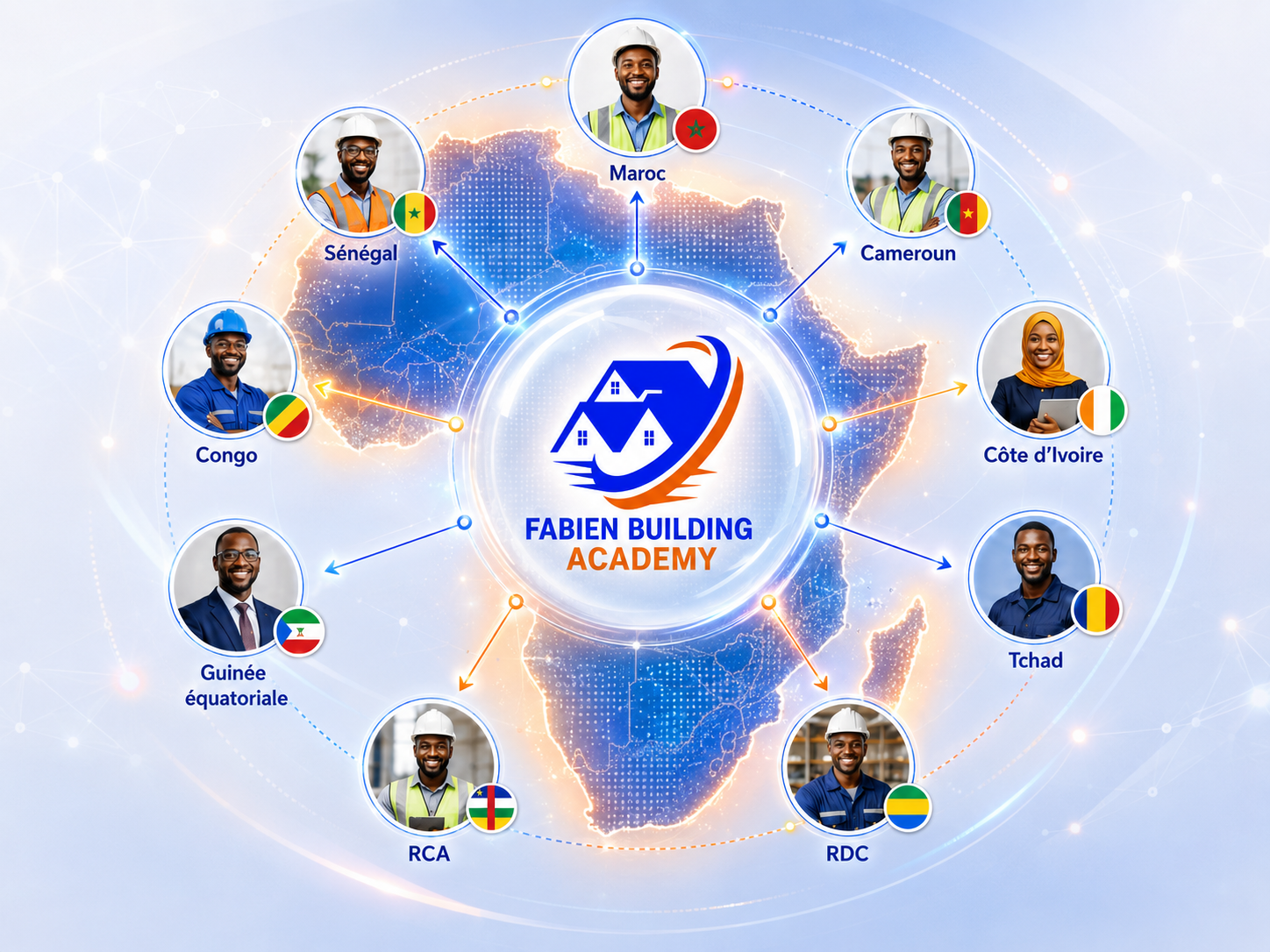 Réseau international de Fabien Building Academy en Afrique, avec des profils professionnels reliés au centre et les pays Maroc, Cameroun, Côte d’Ivoire, Tchad, RDC, RCA, Guinée équatoriale, Congo et Sénégal